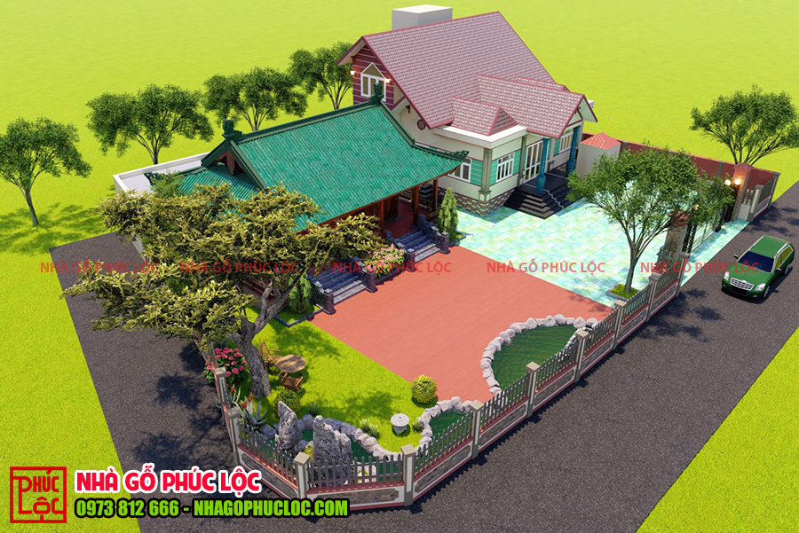 Bản vẽ 3D của căn nhà gỗ 3 gian 4 mái 