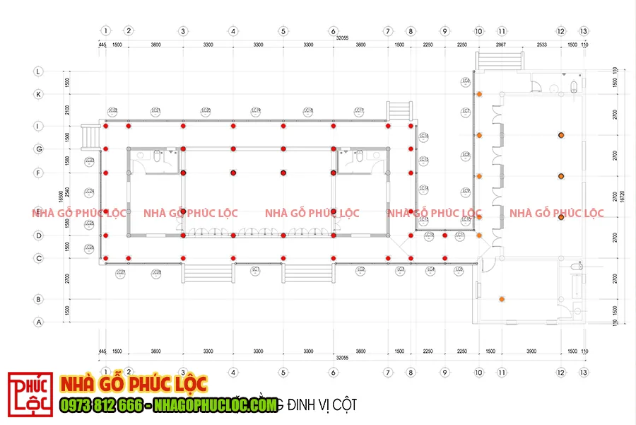 Bản vẽ mặt bằng cột của quần thể nhà gỗ