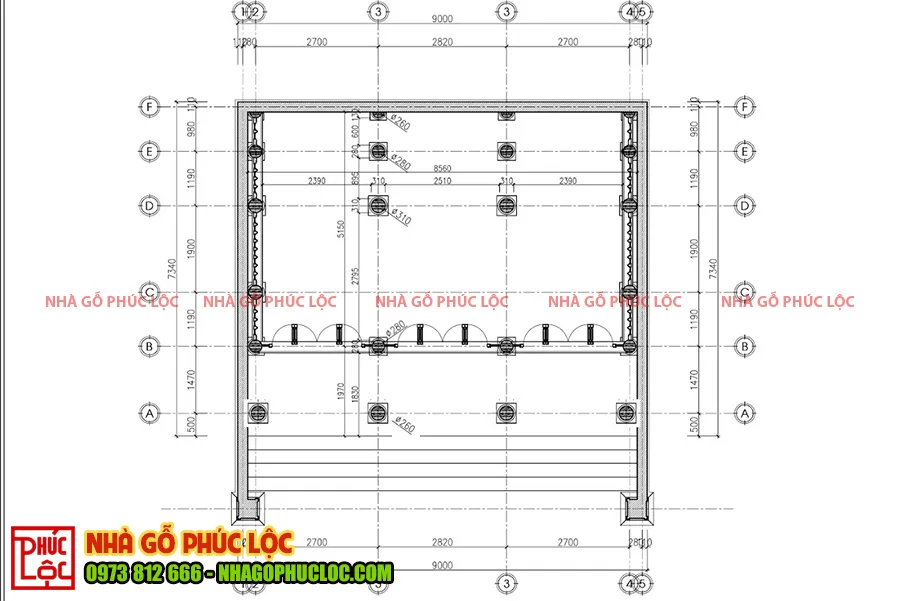 Bản vẽ mặt bằng bố trí cột nhà gỗ gõ 3 gian