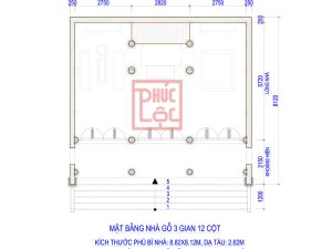 mặt bằng nhà gỗ 3 gian 12 cột