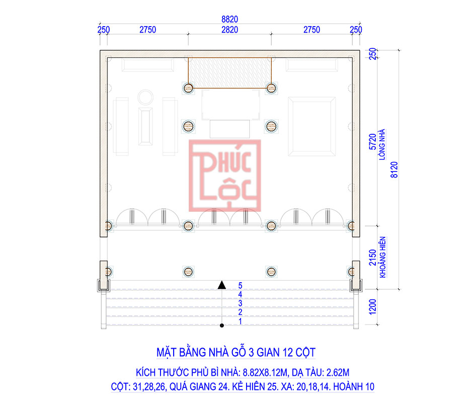mặt bằng nhà gỗ 3 gian 12 cột